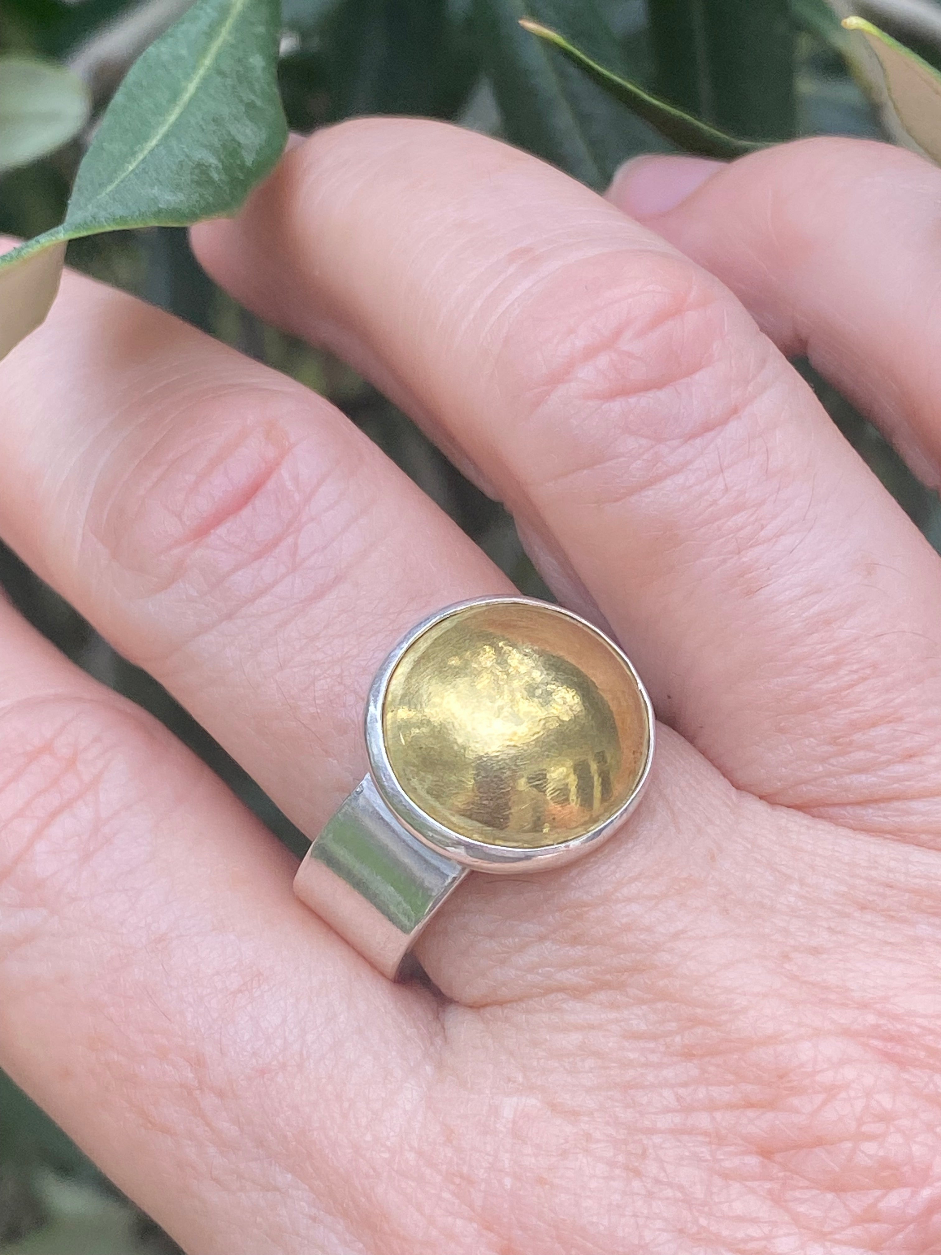 Statement Brass Dome Wide Band Sterling Silver Ring