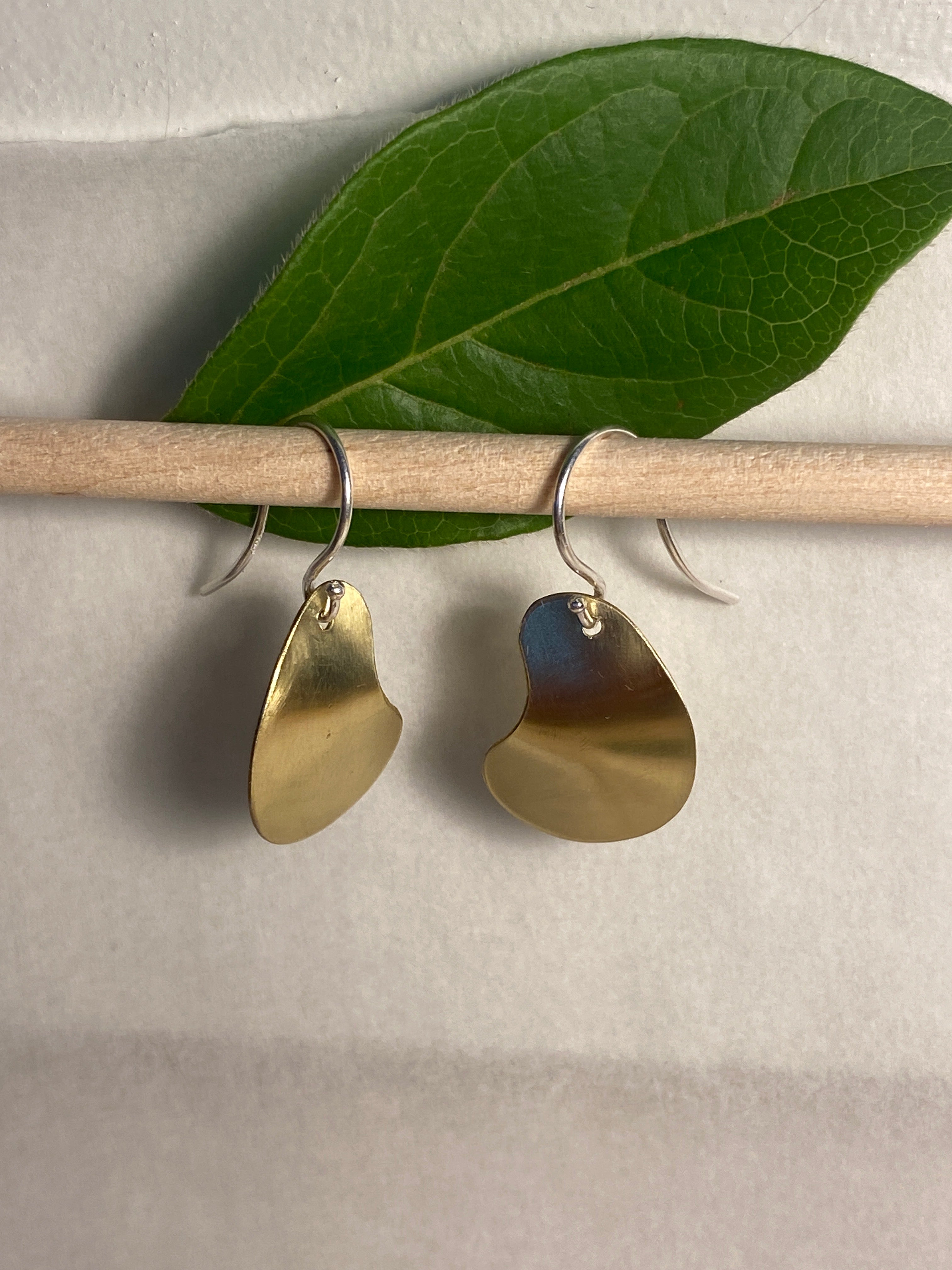 Polished brass earrings with sterling silver loops