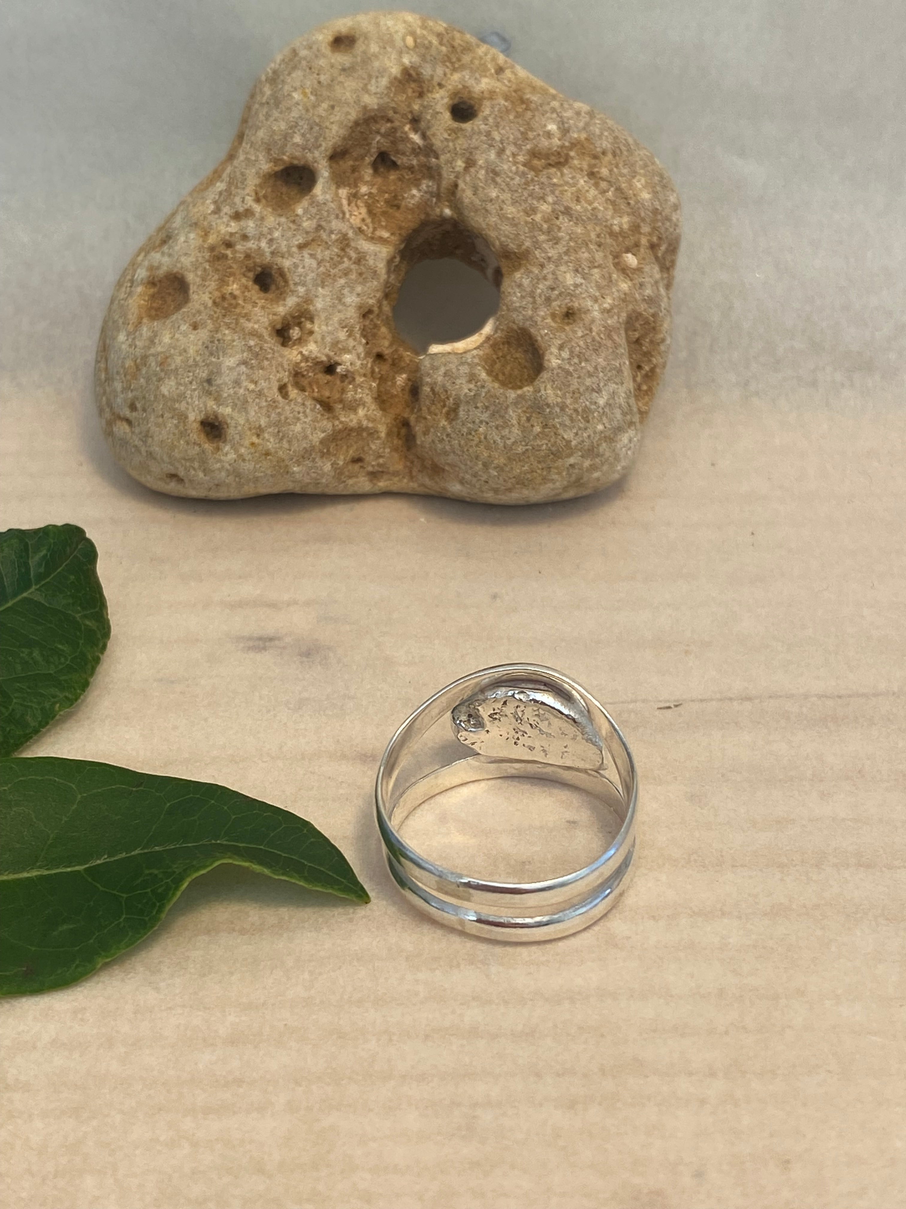 Double Band Silver Ring with Molten Pebble Detail