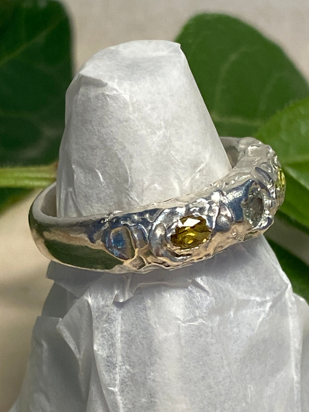 Peridot, Yellow sapphire and Green Amethyst Ring - Cast in Place Sterling Silver