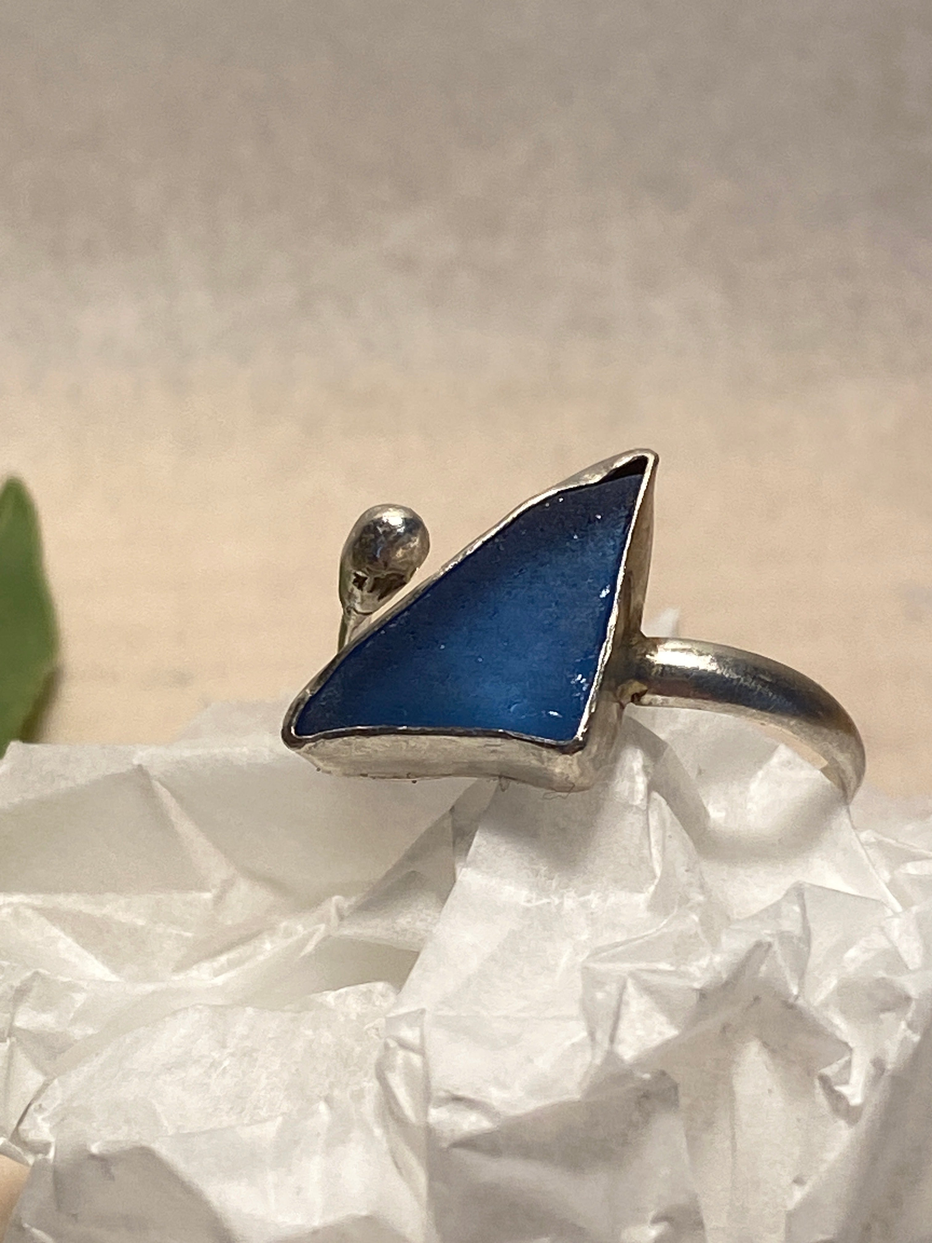 Blue sea glass and sterling silver adjustable ring