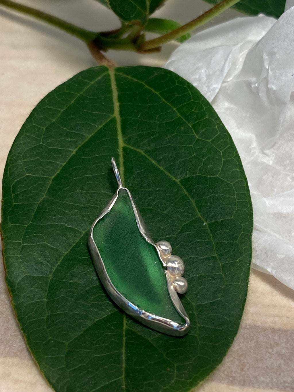 Green Sea Glass and Sterling Silver pendant
