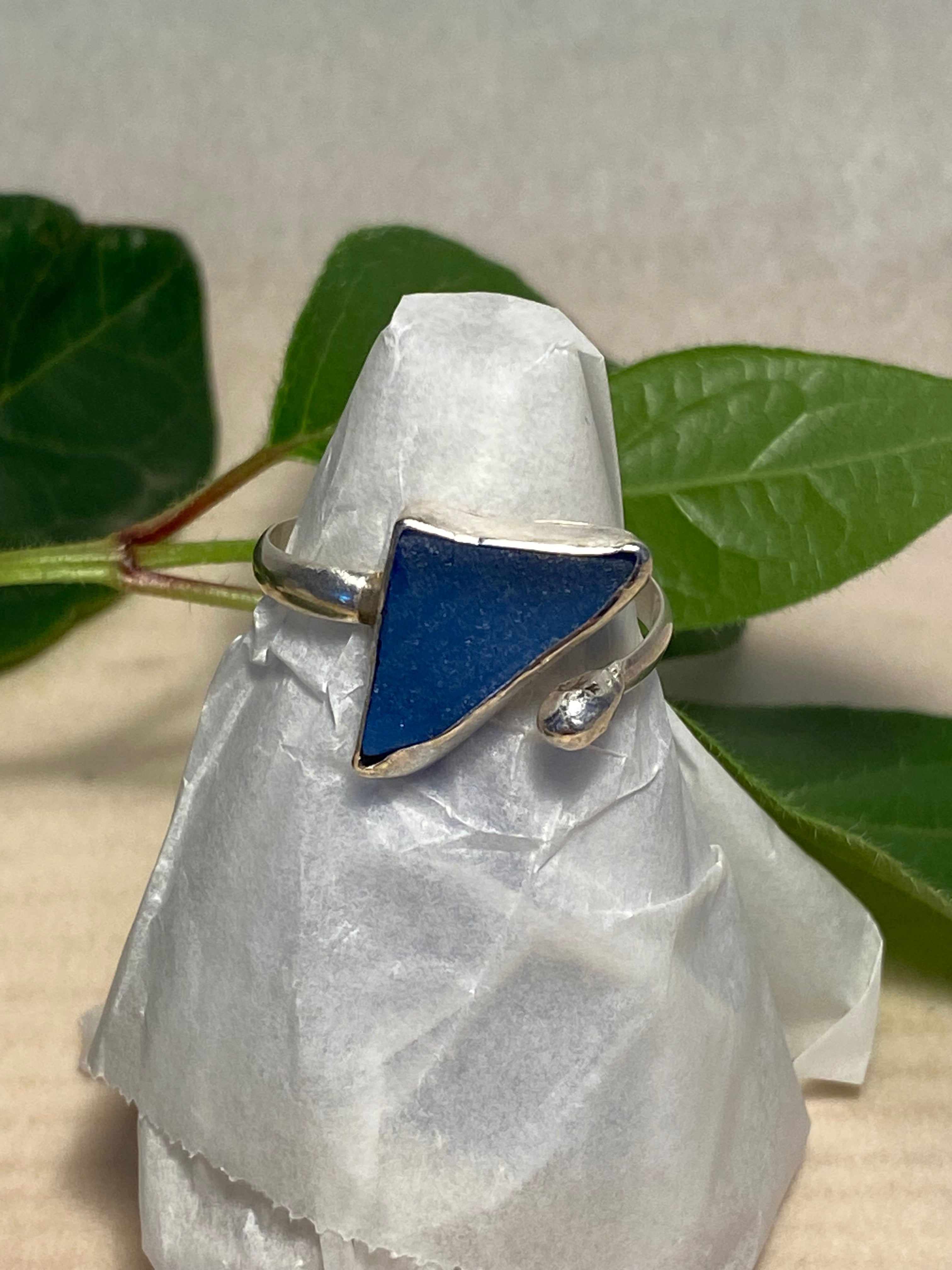Blue sea glass and sterling silver adjustable ring