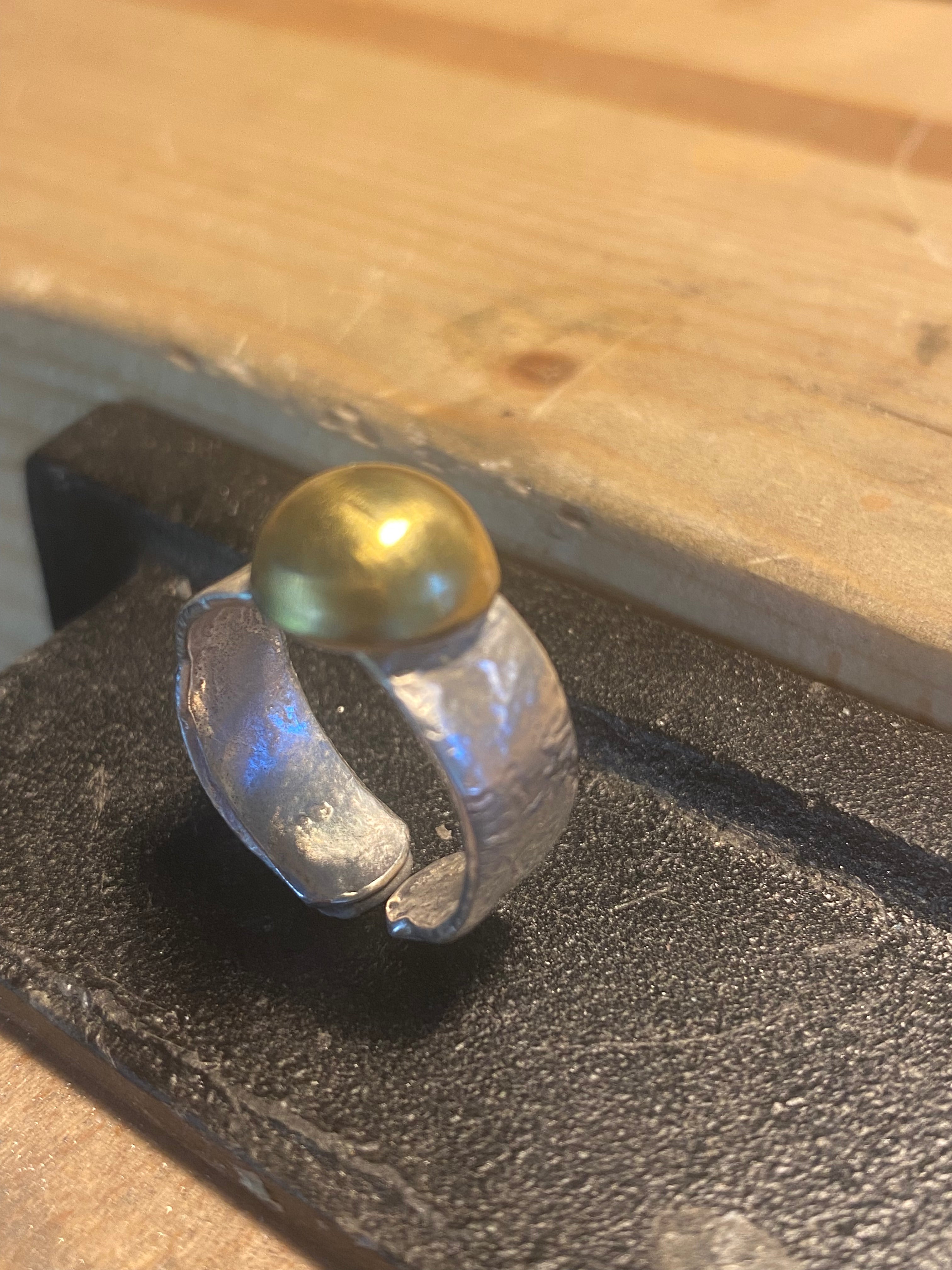 Domed brass and sterling silver adjustable ring