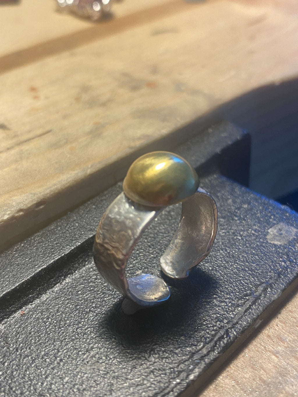 Domed brass and sterling silver adjustable ring