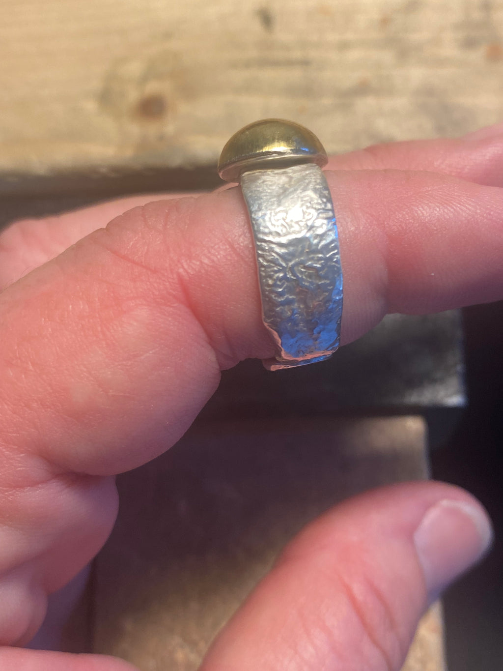 Domed brass and sterling silver adjustable ring