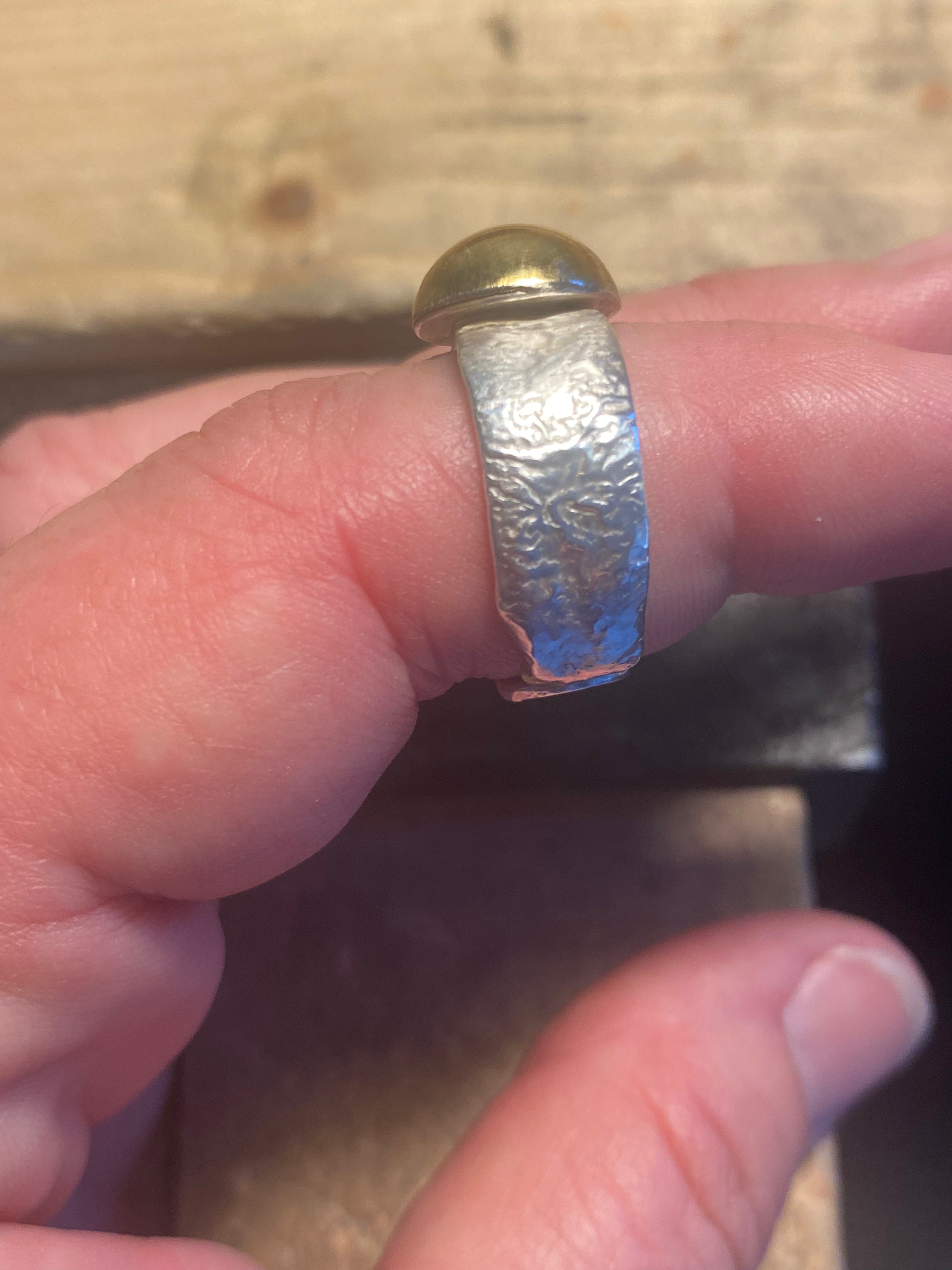 Domed brass and sterling silver adjustable ring