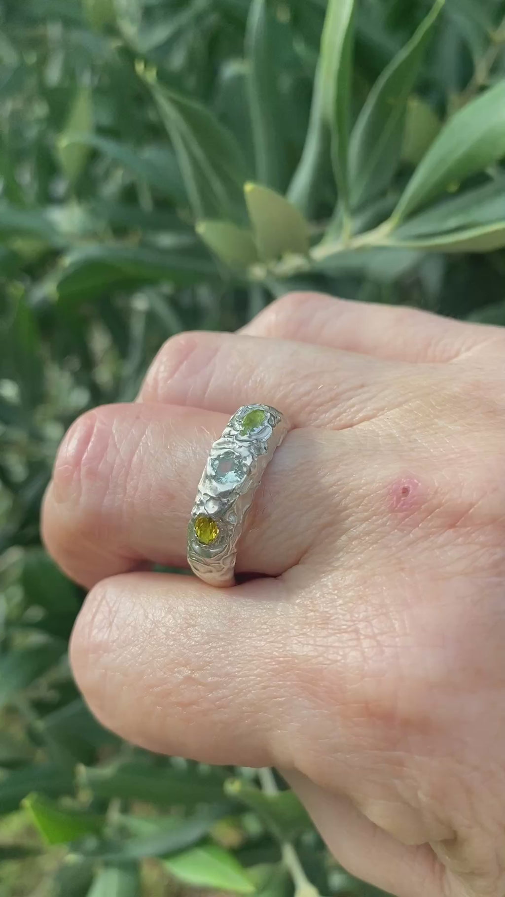 Peridot, Yellow sapphire and Green Amethyst Ring - Cast in Place Sterling Silver